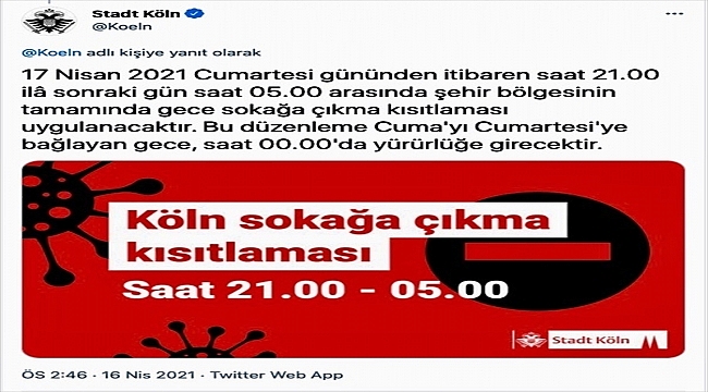 Almanya'da artan Kovid-19 tedbirleri çerçevesinde Köln'de gece sokağa çıkma yasağı ilan edildi